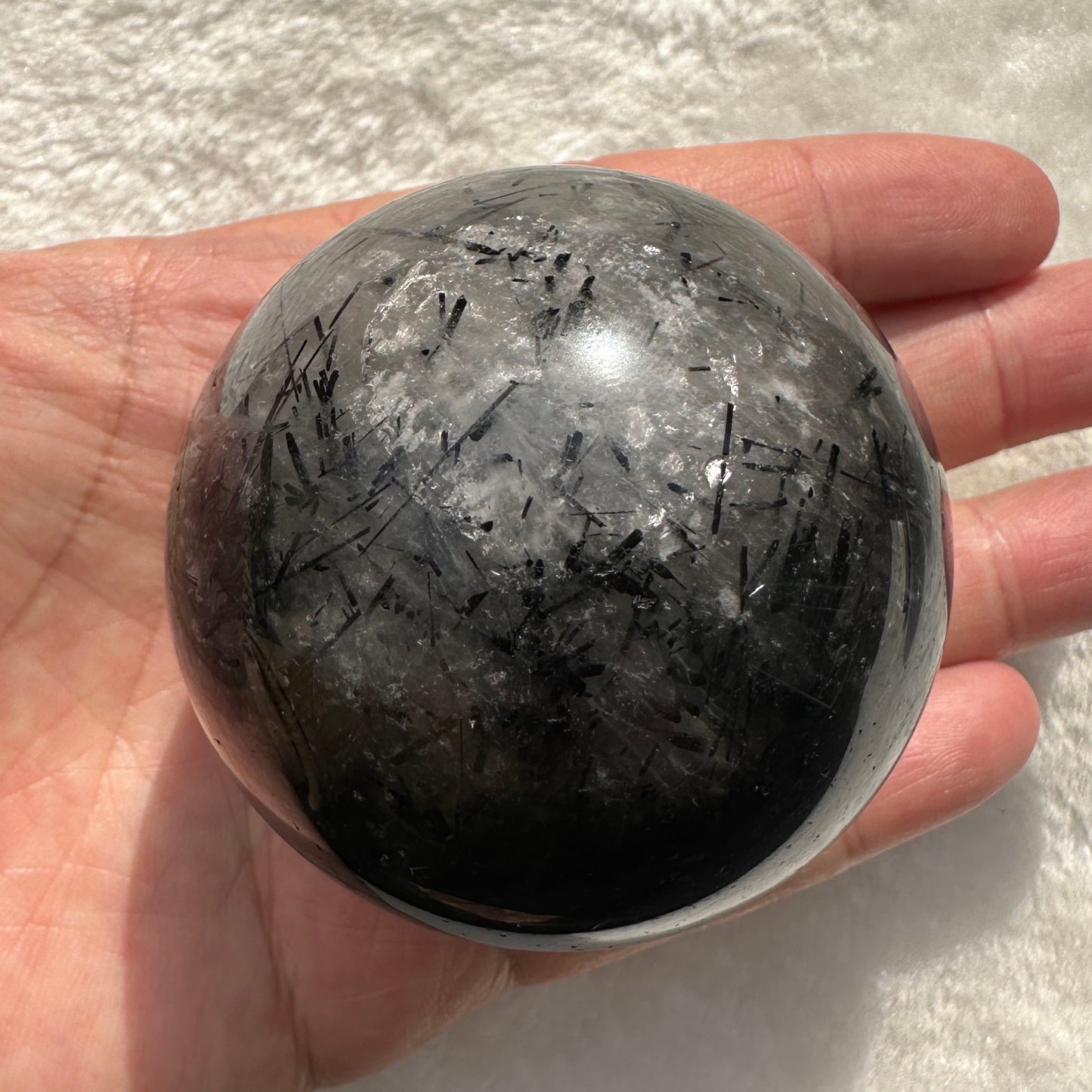 Natural Tourmaline-Embedded Quartz Sphere, Black Hair Quartz Orb, Tourmalinated Quartz Ball