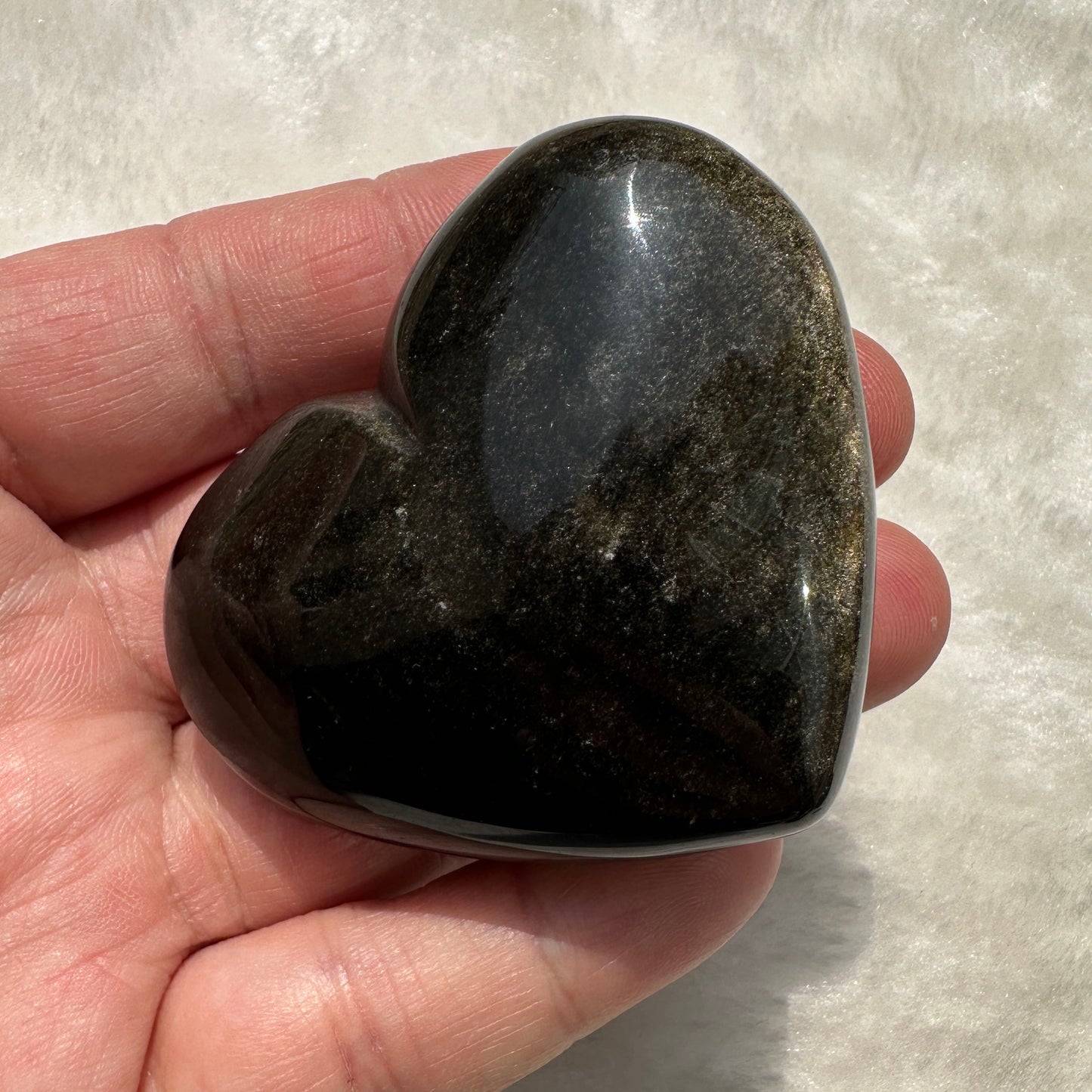 Natural Silver/Golden Obsidian Heart Carving - Shimmering Crystal Love; 5.5-5.8cm/2.17-2.28in Heart Shaped Obsidian Ornament