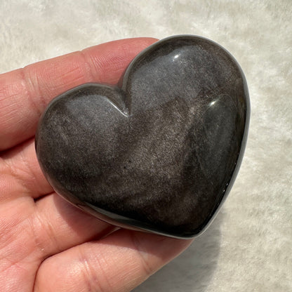 Natural Silver/Golden Obsidian Heart Carving - Shimmering Crystal Love; 5.5-5.8cm/2.17-2.28in Heart Shaped Obsidian Ornament