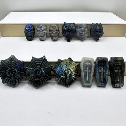 Natural Labradorite Coffin Carvings with Glow, Labradorite Coffin Sculptures, Halloween-themed Labradorite Figurine