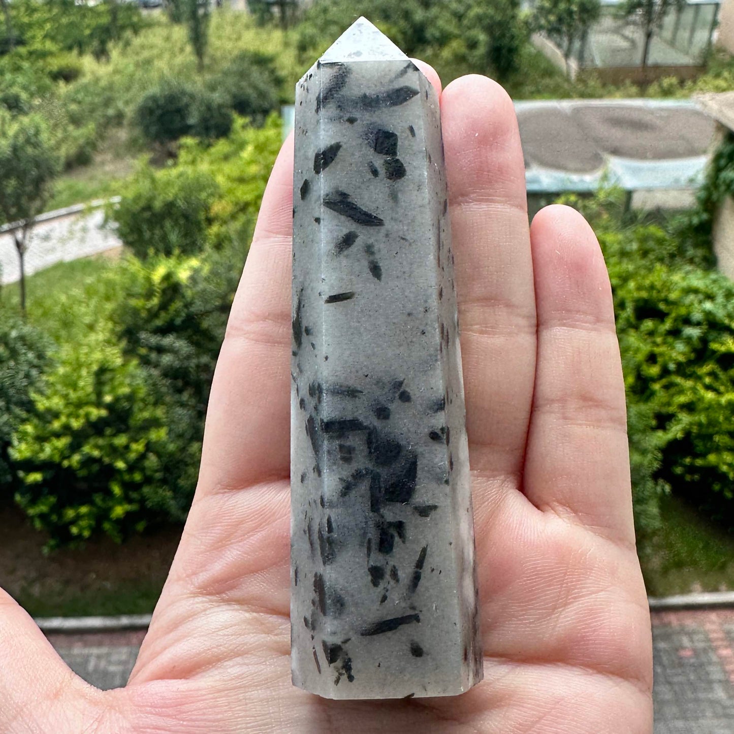 Natural Green Tourmaline Rutile Quartz Point, Milky White Crystal Tower with Deep Green Tourmaline Inclusions