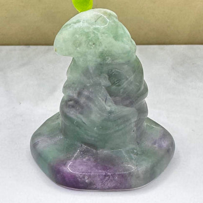 Natural Fluorite Witch Hat Carving, Halloween-themed Fluorite Wizard Hat Figurine, Crystal Carving