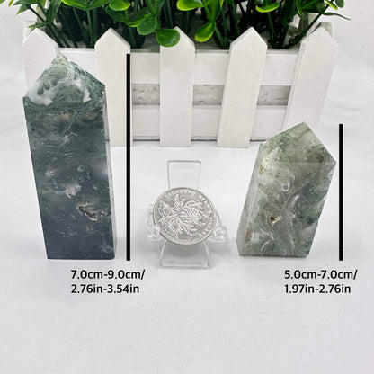 Natural Moss Agate Crystal Point, Some with Geodes; Water Grass Agate Healing Crystal Tower