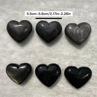 Natural Silver/Golden Obsidian Heart Carving - Shimmering Crystal Love; 5.5-5.8cm/2.17-2.28in Heart Shaped Obsidian Ornament