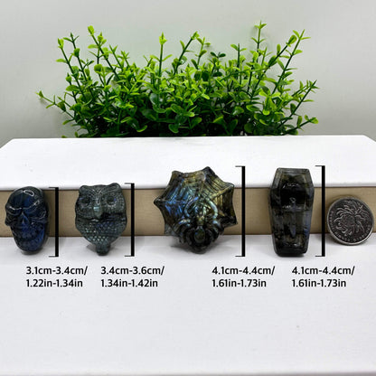 Natural Labradorite Spider Carvings with Glow, Labradorite Animal Sculptures, Spider Carving, Halloween-themed Labradorite Figurine