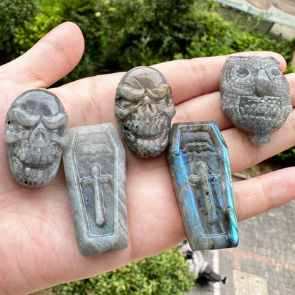 Natural Labradorite Coffin Carvings with Glow, Labradorite Coffin Sculptures, Halloween-themed Labradorite Figurine