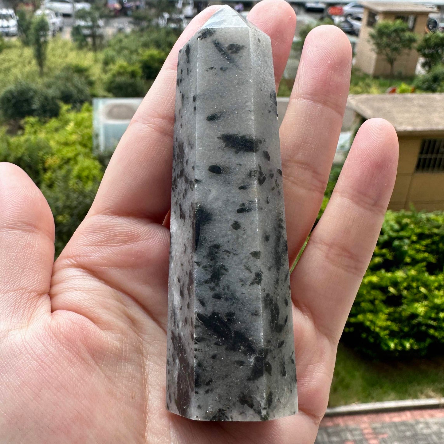 Natural Green Tourmaline Rutile Quartz Point, Milky White Crystal Tower with Deep Green Tourmaline Inclusions