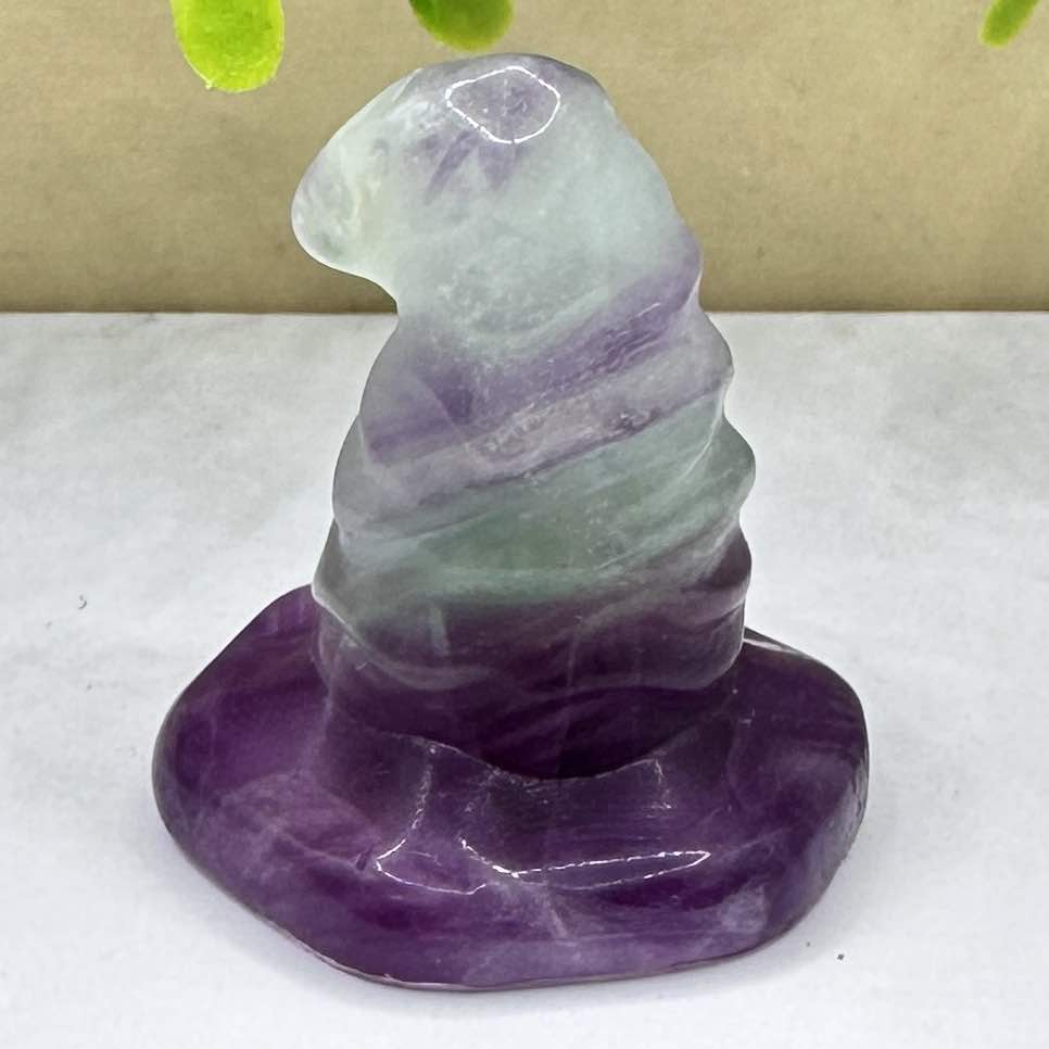 Natural Fluorite Witch Hat Carving, Halloween-themed Fluorite Wizard Hat Figurine, Crystal Carving