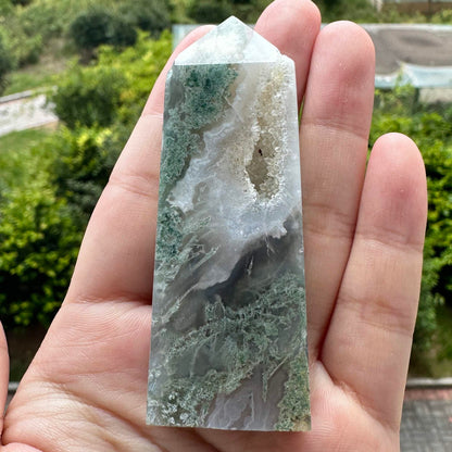 Natural Moss Agate Crystal Point, Some with Geodes; Water Grass Agate Healing Crystal Tower