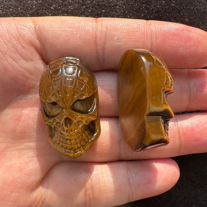 High-quality Tiger's Eye Masked Skull Carving, Natural Tiger Eye Carvings, Skull Carving, Spiderman Masked Skull Sculpture