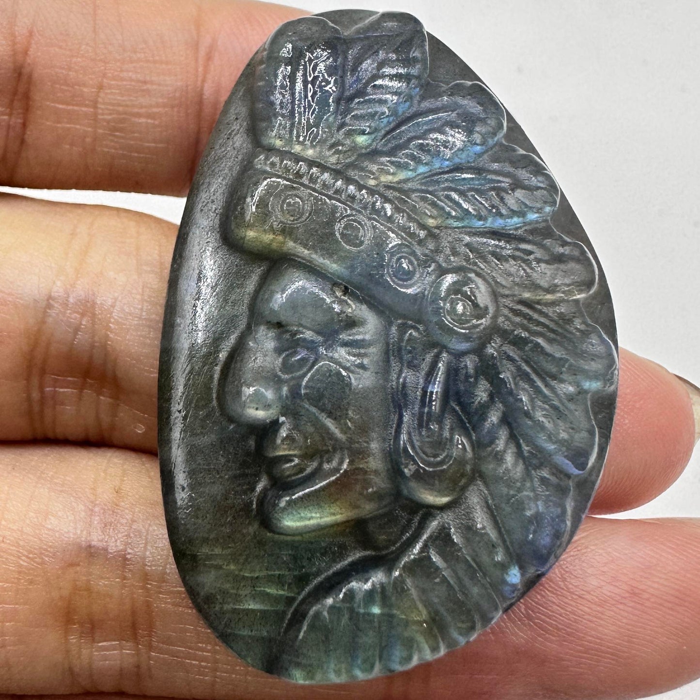 Natural Labradorite Indian Chief Carvings with Glow, Labradorite Chief Sculptures