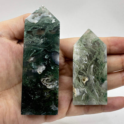 Natural Moss Agate Crystal Point, Some with Geodes; Water Grass Agate Healing Crystal Tower