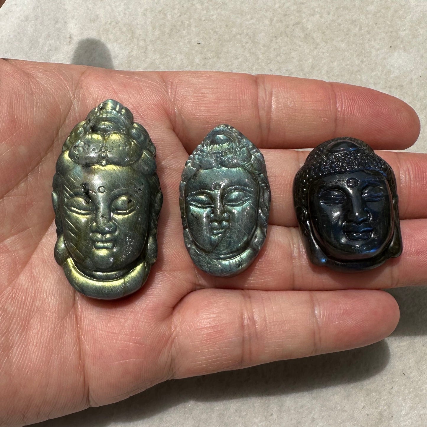 Natural Labradorite Buddha Head Carving, 3 Styles Beautiful Handcrafted Sculpture with Mesmerizing Flash; Gemstone Religious Carving, Divine Figurine, Crystal Carving